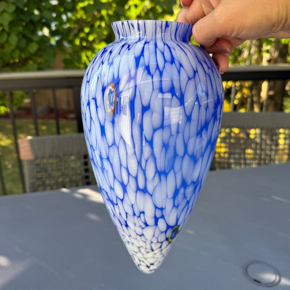 Italian Millefiori Blue and White Hand Blown Art Glass Vase or Light Cover